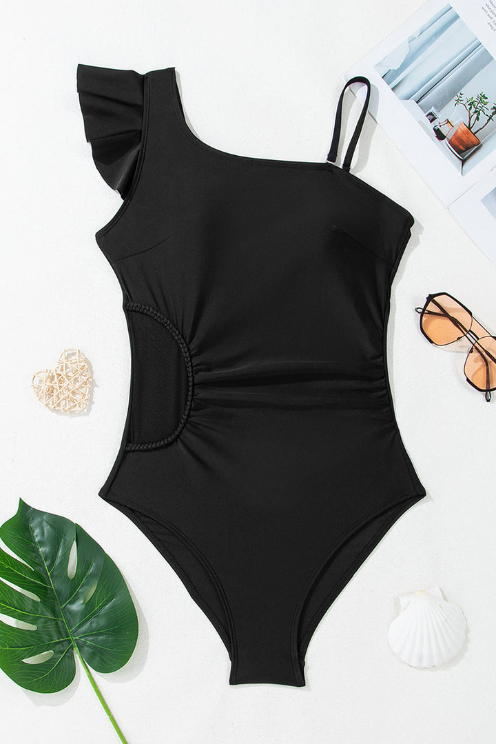 asymmetric ruffle shoulder pleated one piece swimsuit