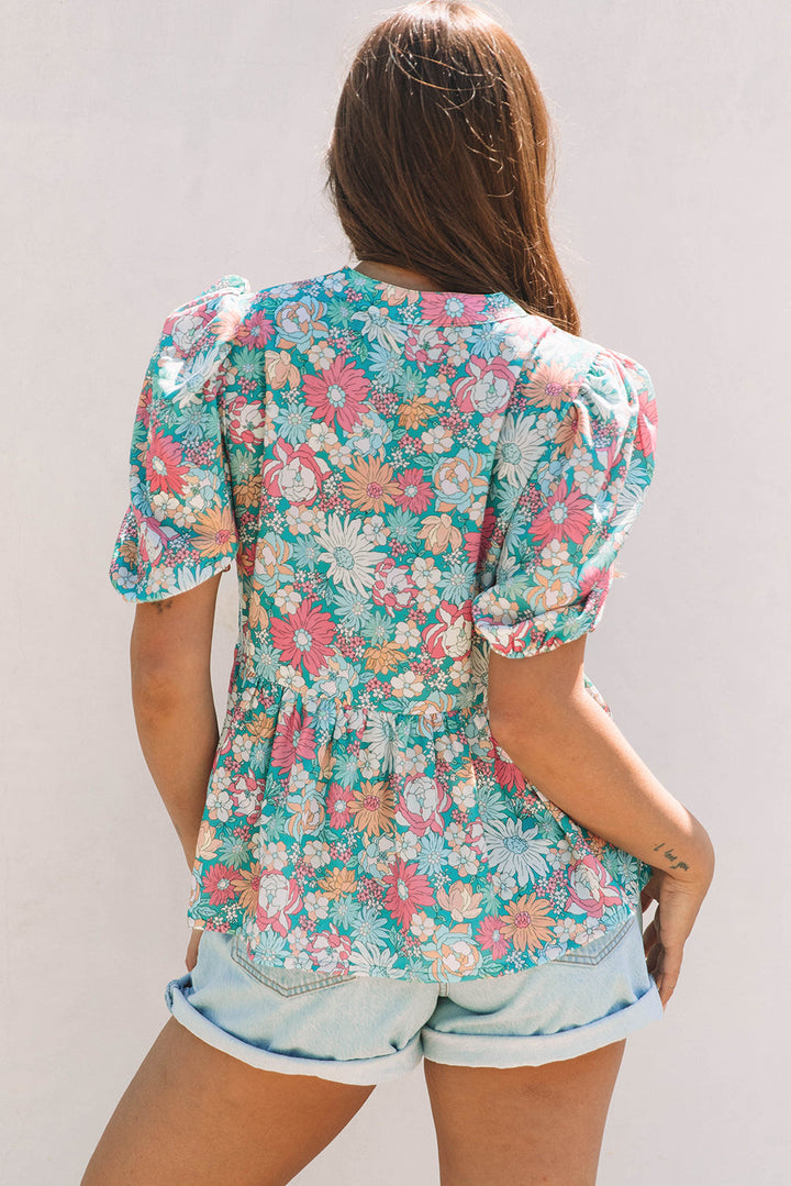 notched neck puff short sleeve floral blouse