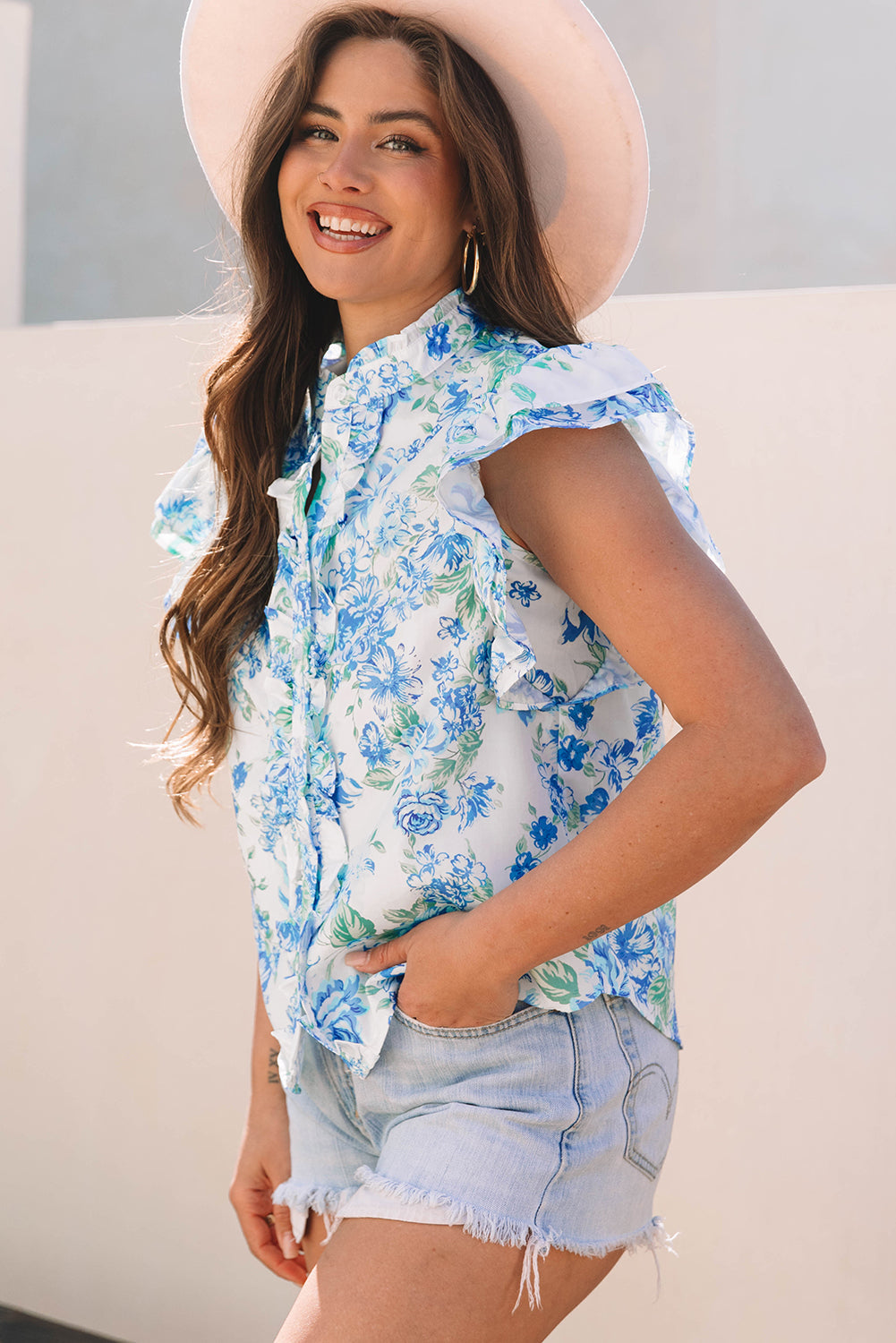 Floral Print Ruffle Sleeve Frilly Button Up Shirt