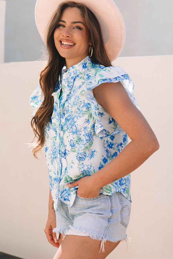 Floral Print Ruffle Sleeve Frilly Button Up Shirt