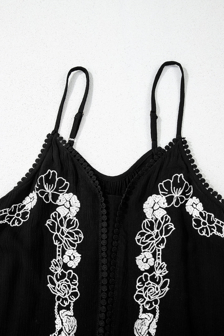 Floral Embroidery Ruffled Spaghetti Straps Tank Top
