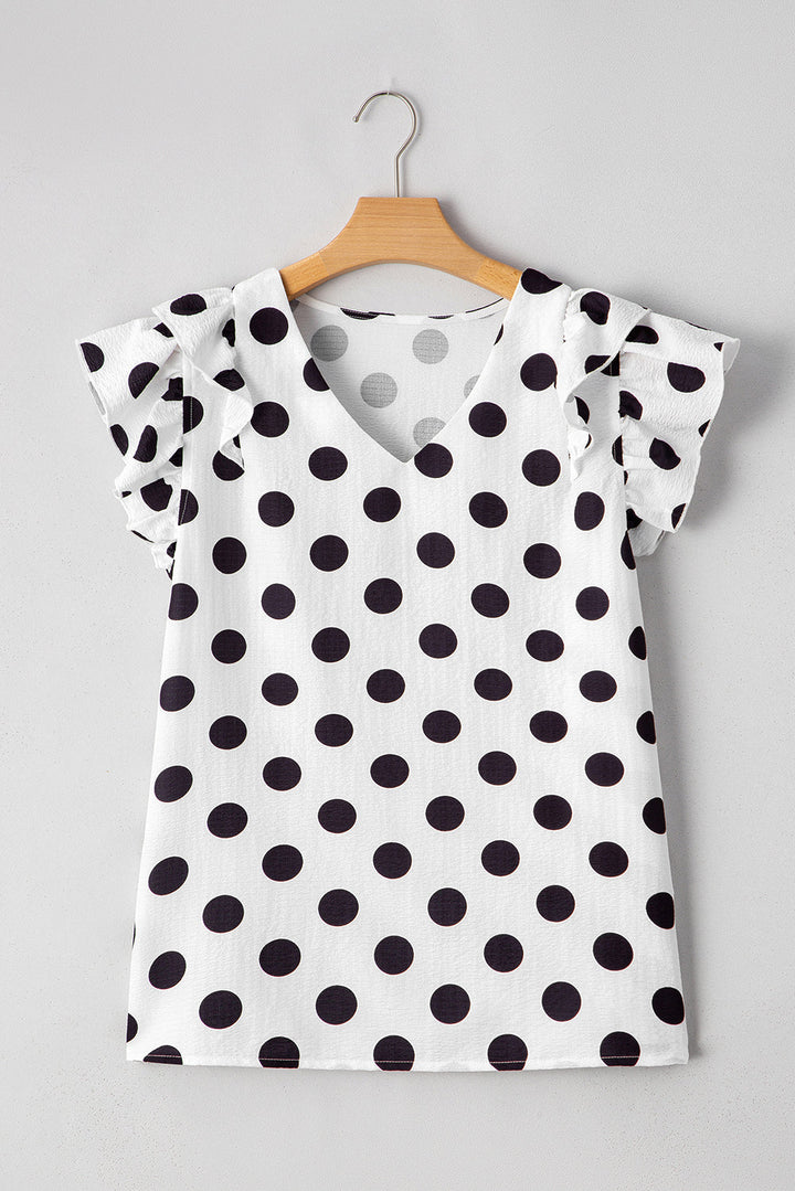 Polka Dot Print Ruffled Sleeve V Neck Blouse