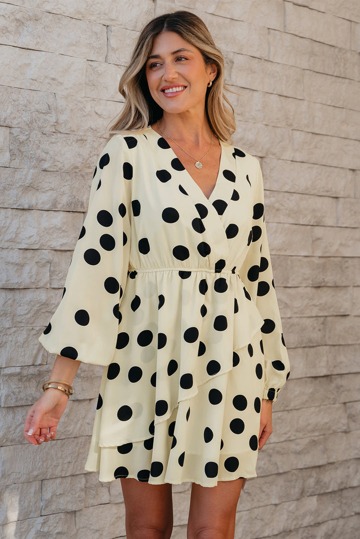 Polka Dot Printed Surplice V Neck Puff Sleeve Mini Dress