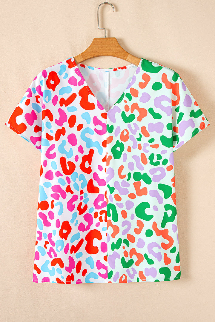 contrast leopard print v neck short sleeve blouse
