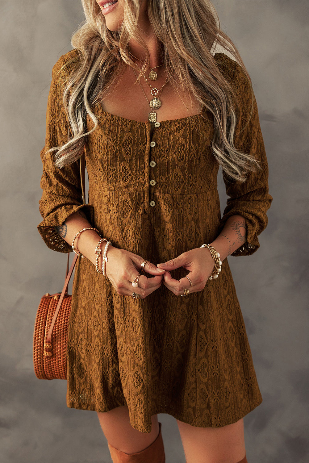 Chic Lace Crochet Buttoned Square Neck Shift Mini Dress – ModeShe