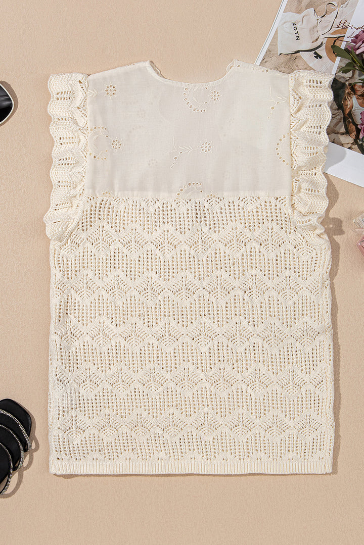 Embroidered Patchwork Hollow Out Knitted Ruffle Sweater Vest