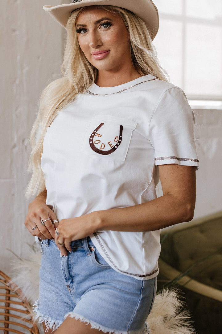 rodeo horseshoe embroidered patch pocket t shirt