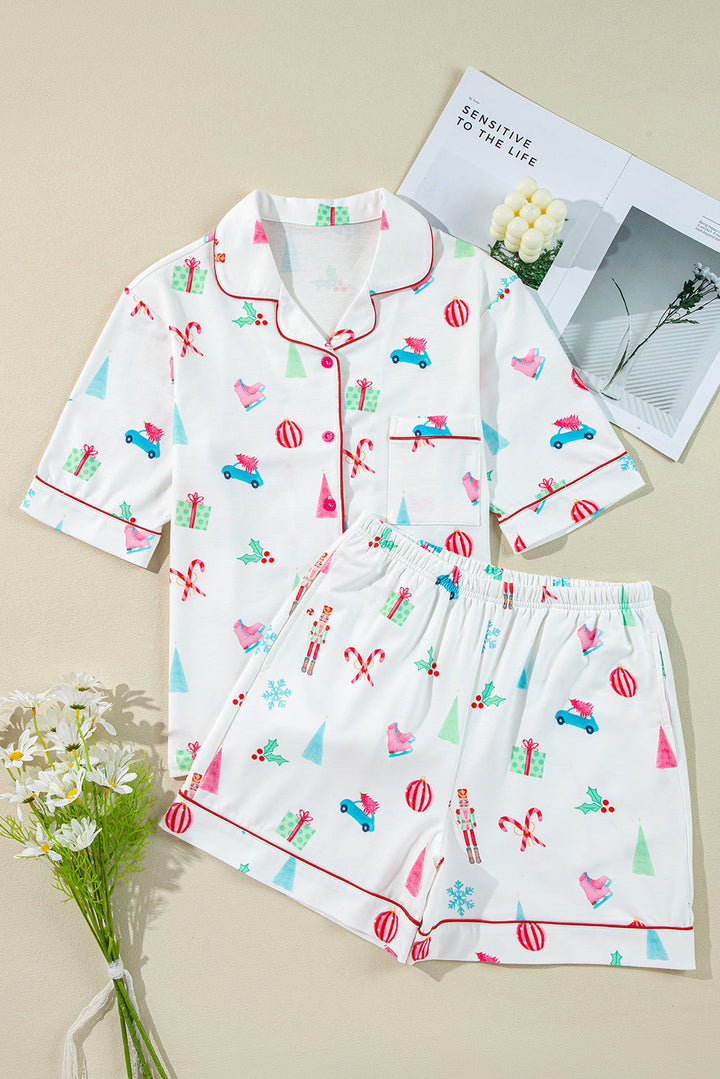 christmas print short sleeve shirt and shorts pajama set