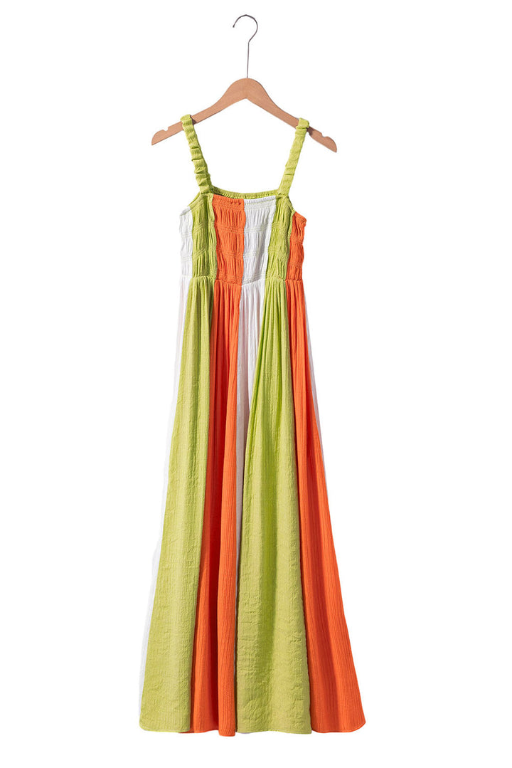 Color Block Shirred High Waist Fit and Flare Maxi Dress