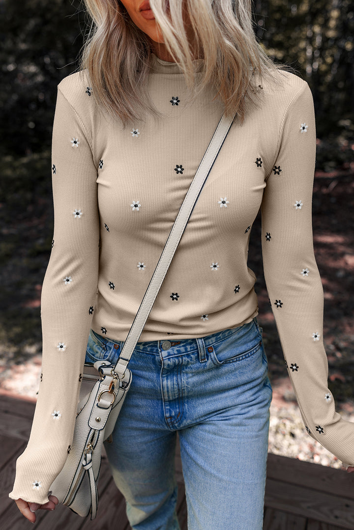 Jet Stream – Geripptes Langarmoberteil mit Blumenstickerei