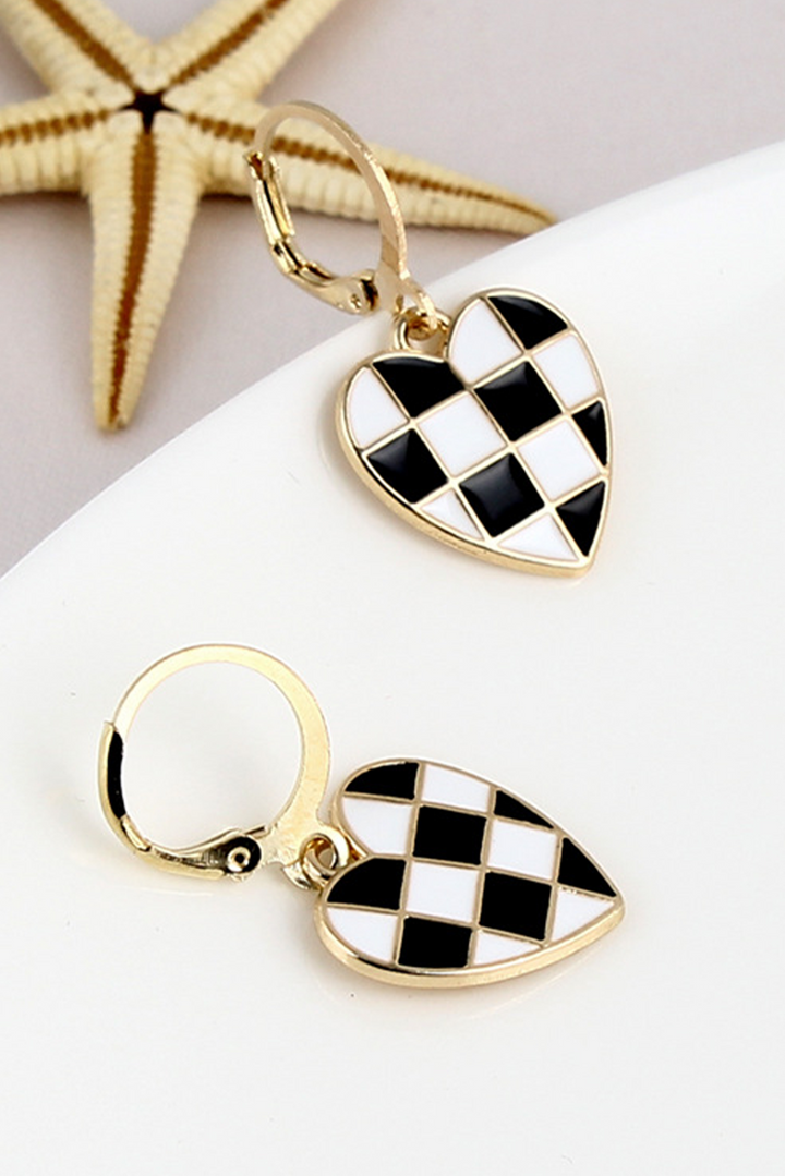 Checkered Heart Shape Hoop Dangle Earrings
