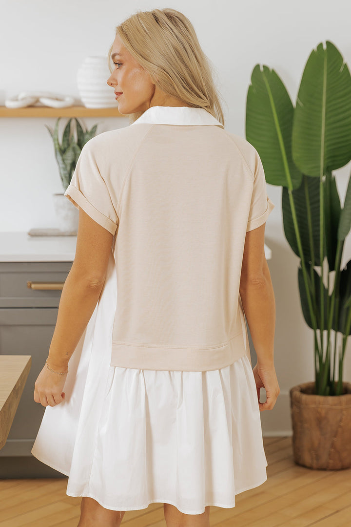 Shirt Collar Buttoned Patchwork Short Sleeve Mini Dress