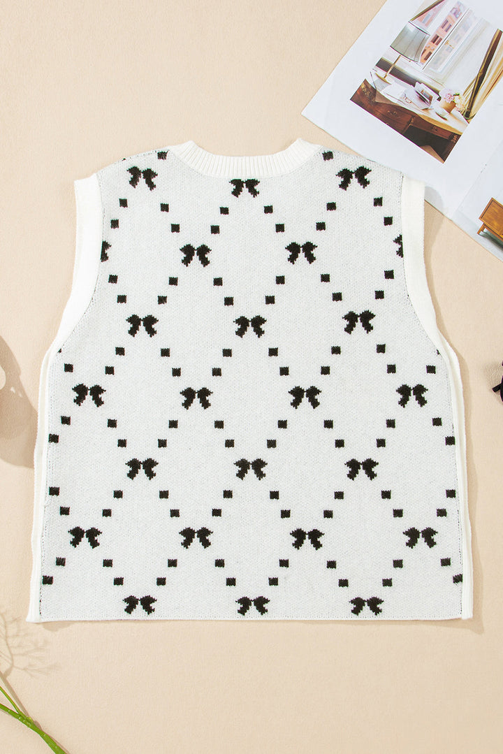 Bow Pattern Buttoned Side Cropped Sweater Vest