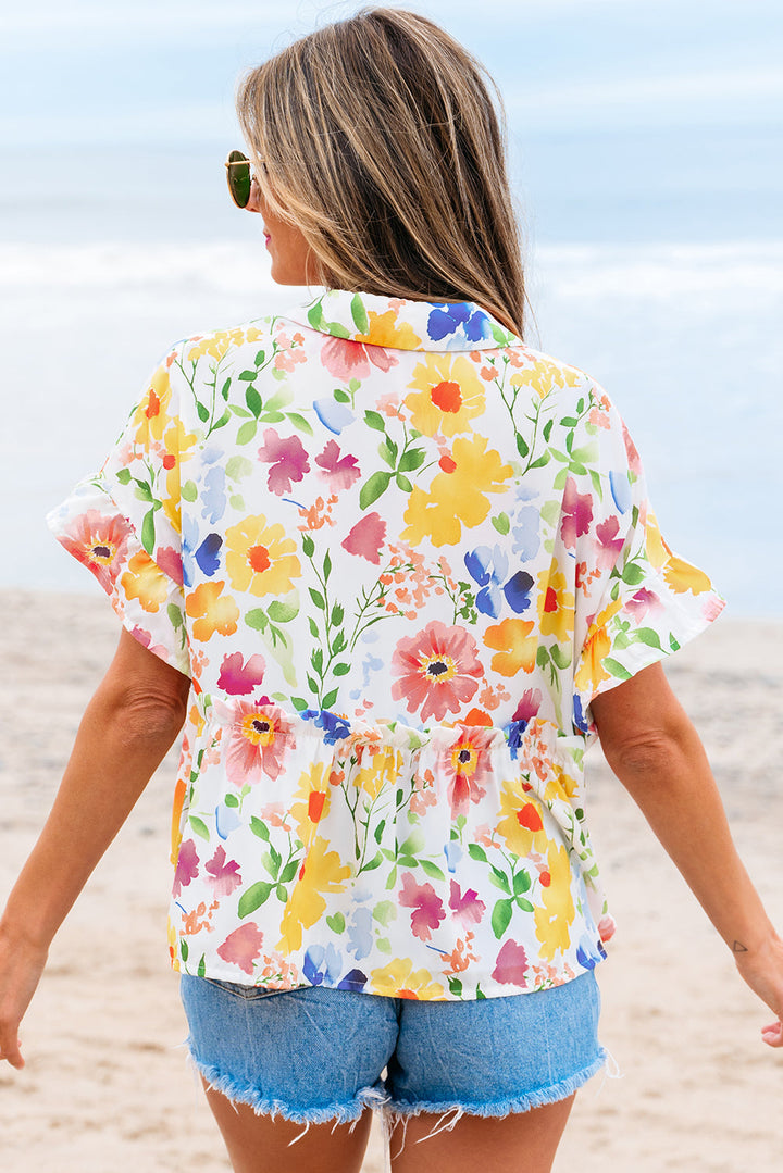 floral boxy fit ruffled short sleeve v neck blouse