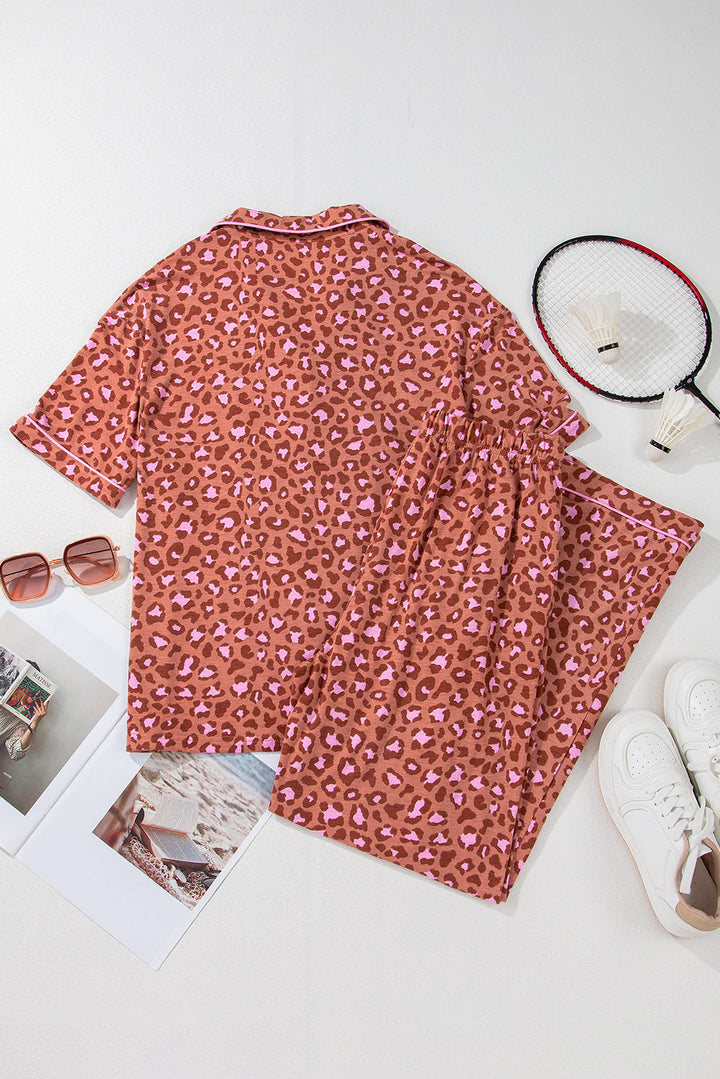 leopard print short sleeve shirt and pants pajamas set