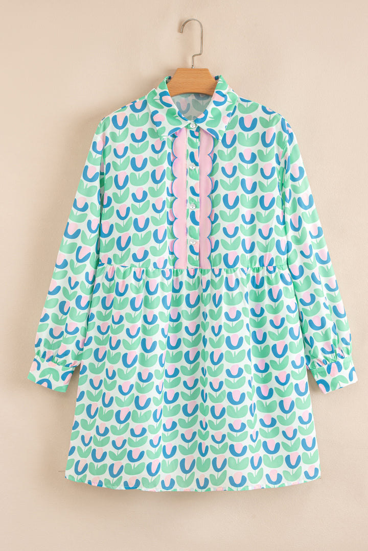 Minikleid mit Blumenmuster, gekerbtem Ausschnitt und Wellenkante