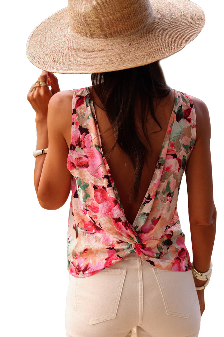 Floral Round Neck Twisted Cut Out Back Tank Top