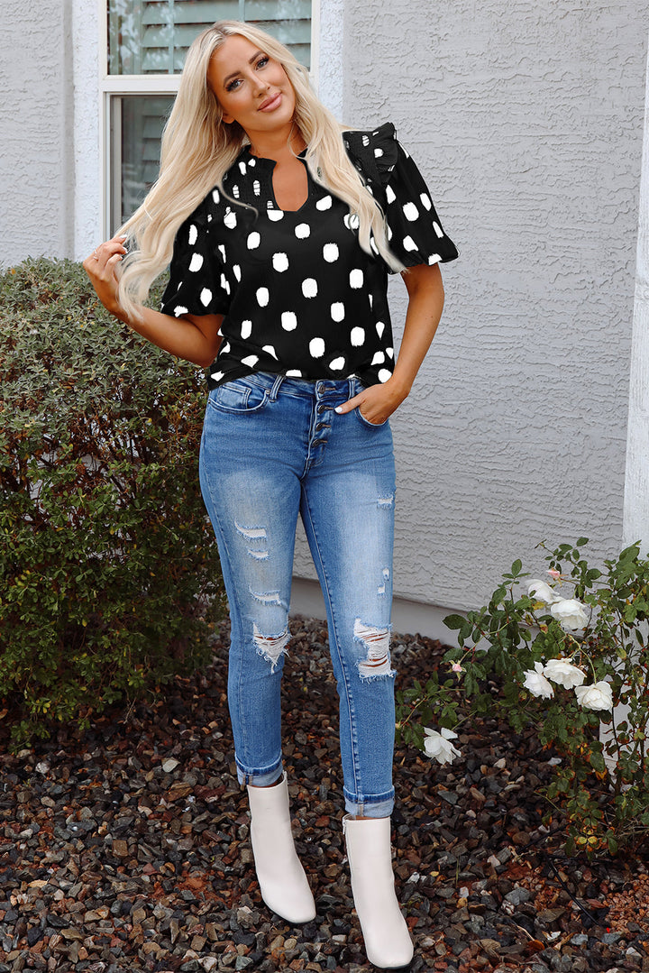 Polka Dot Print Shirred Yoke Notched Neck Balloon Sleeve Blouse
