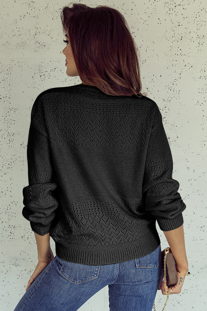 eyelet pattern detail v neck drop shoulder sweater 3