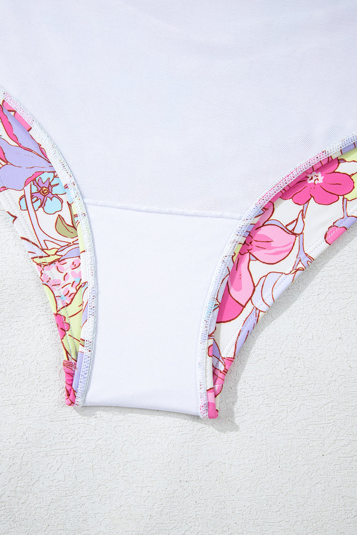 floral ruffle trim v neck lace up back tummy control one piece swimsuit