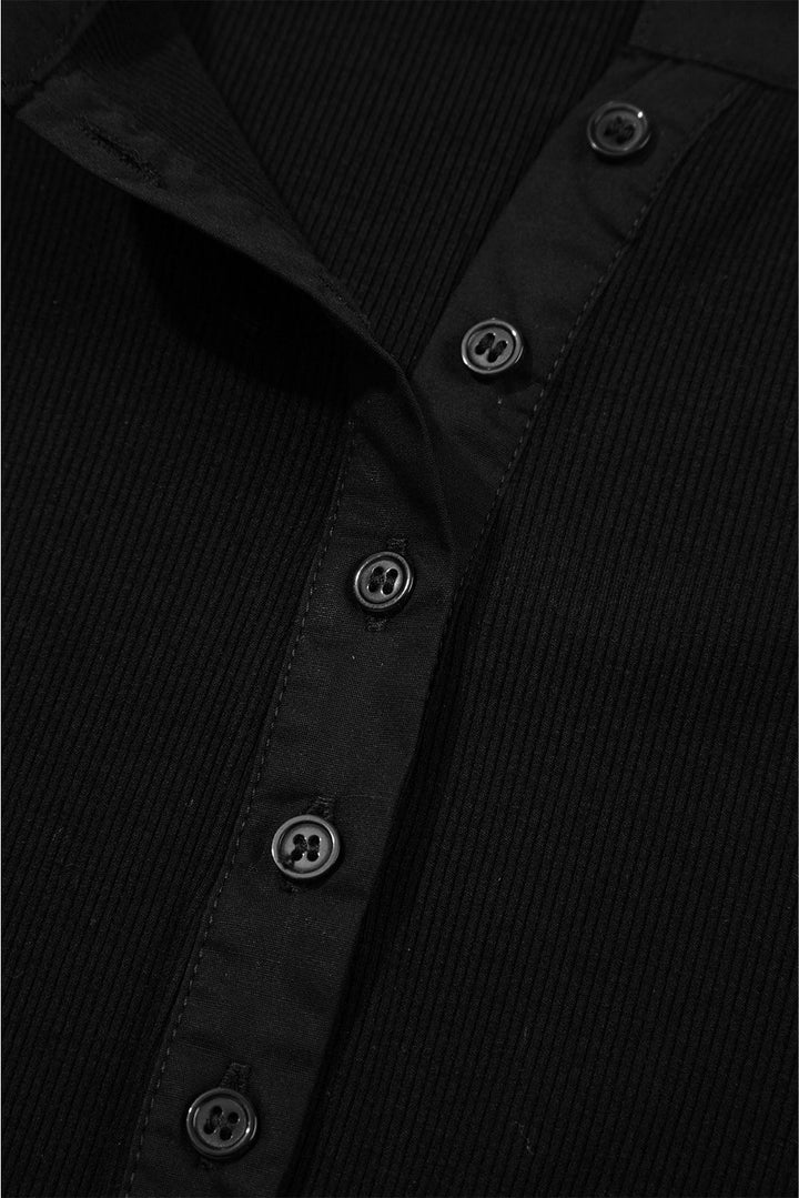 ribbed patchwork puff sleeve half button placket slim fit top