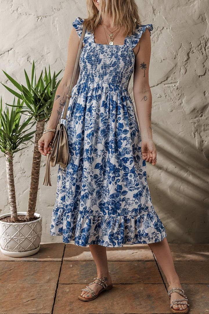 floral ruffle strap square neck smocked bodice midi dress
