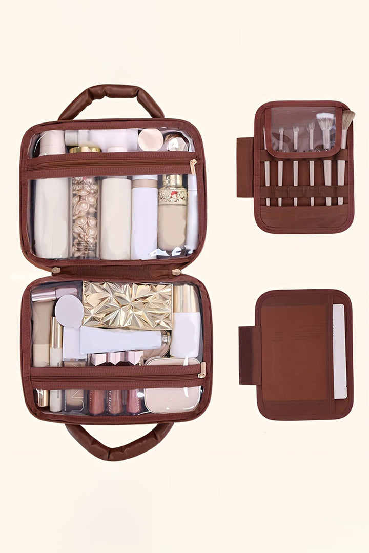 Trousse de maquillage en cuir PU à carreaux avec plusieurs compartiments