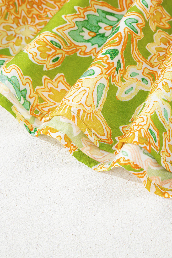 printed contrast bubble sleeve patchwork blouse