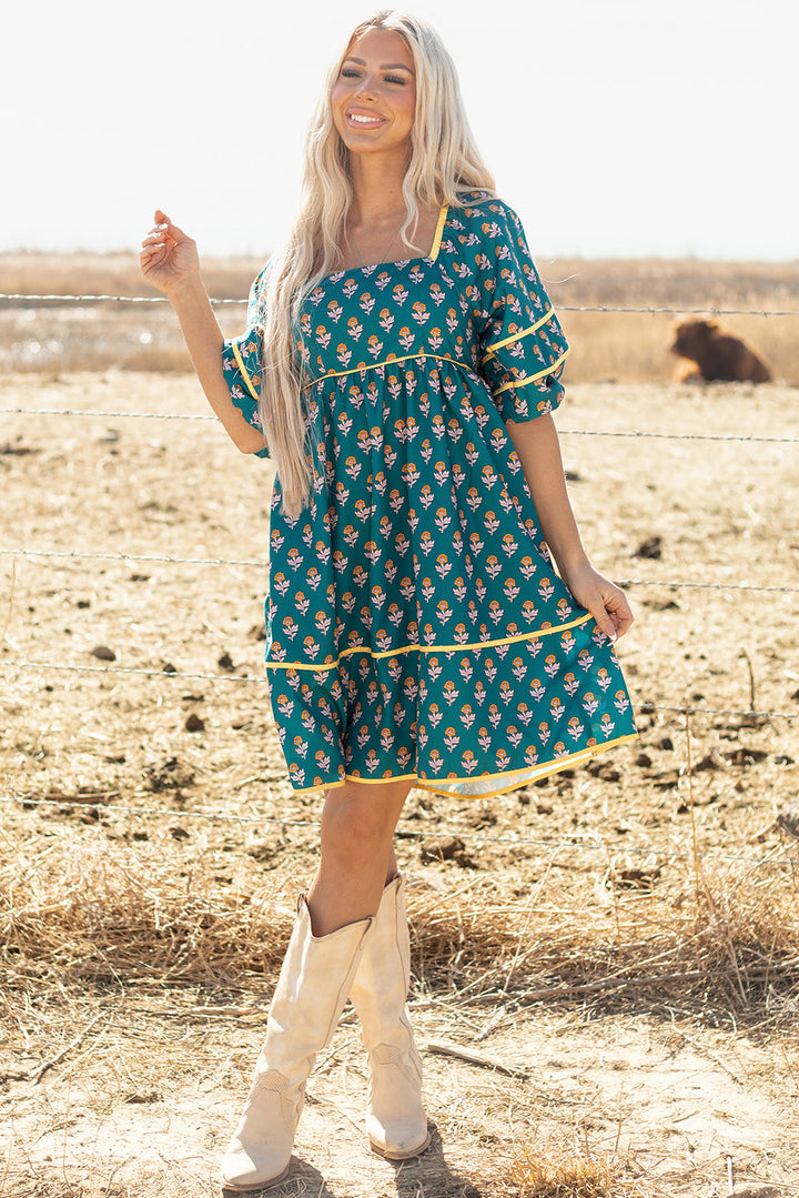 Floral Contrast Trim Square Neck Puff Sleeve Dress