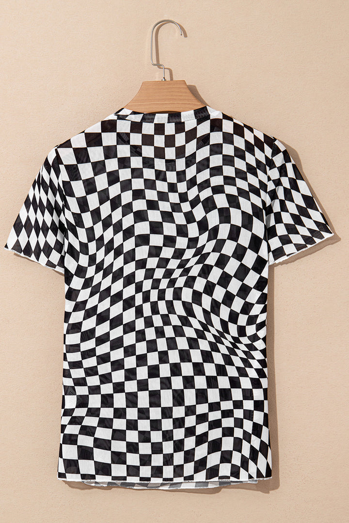 checker mesh crew neck t shirt