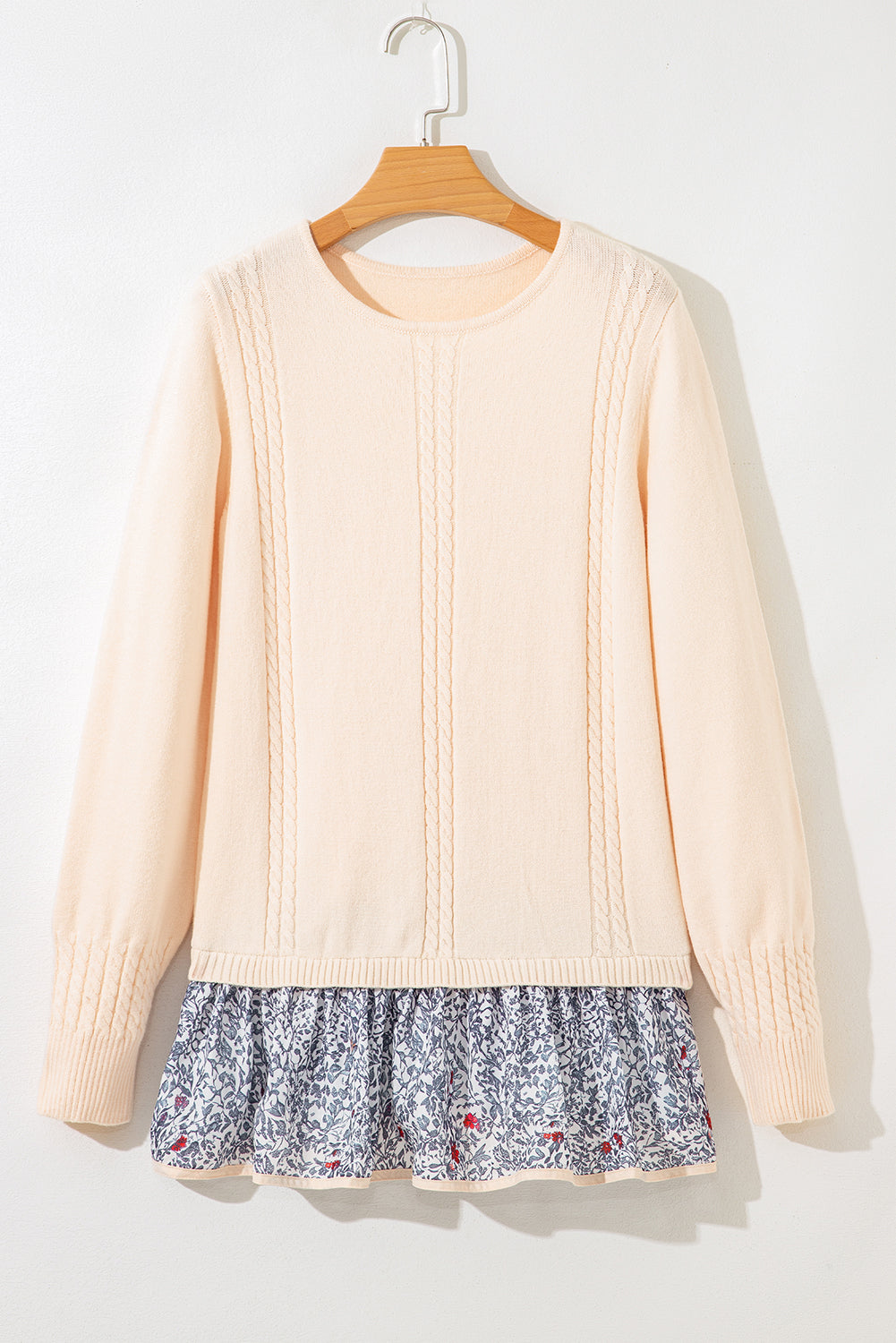 Cable Texture Bohemian Ruffle Hem Patchwork Sweater