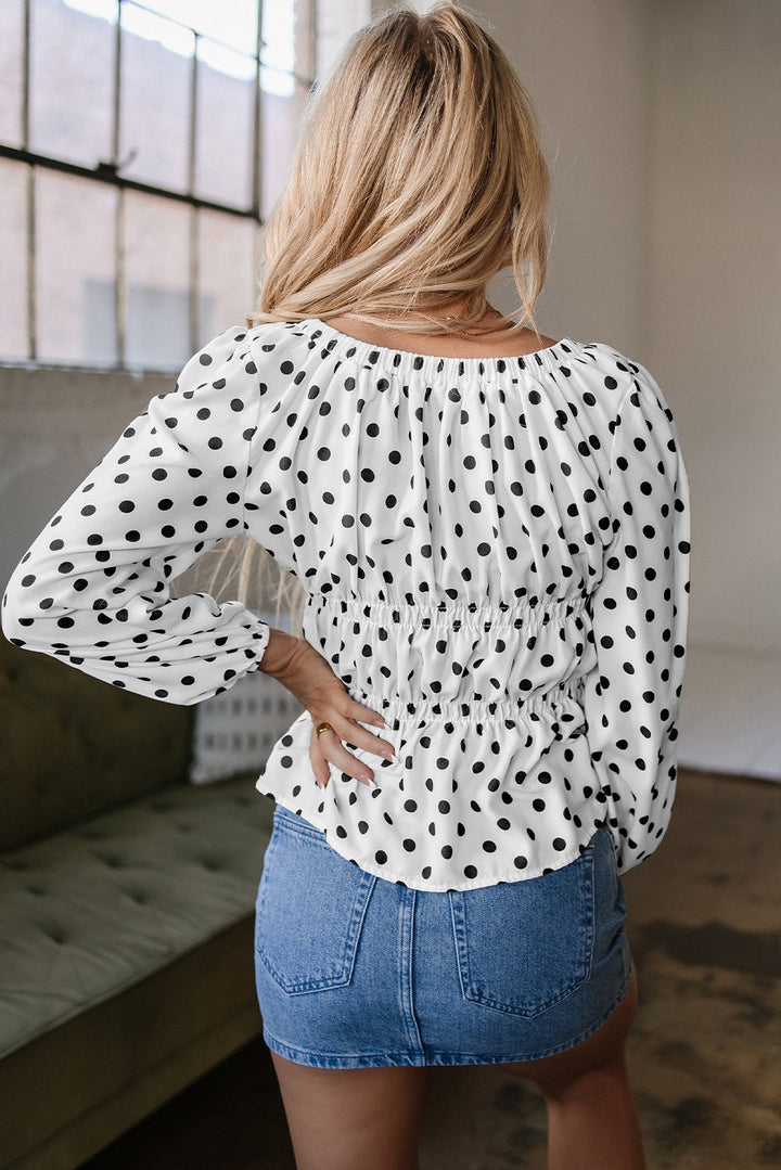 Polka Dot Puff Sleeve Bow Square Neck Peplum Top