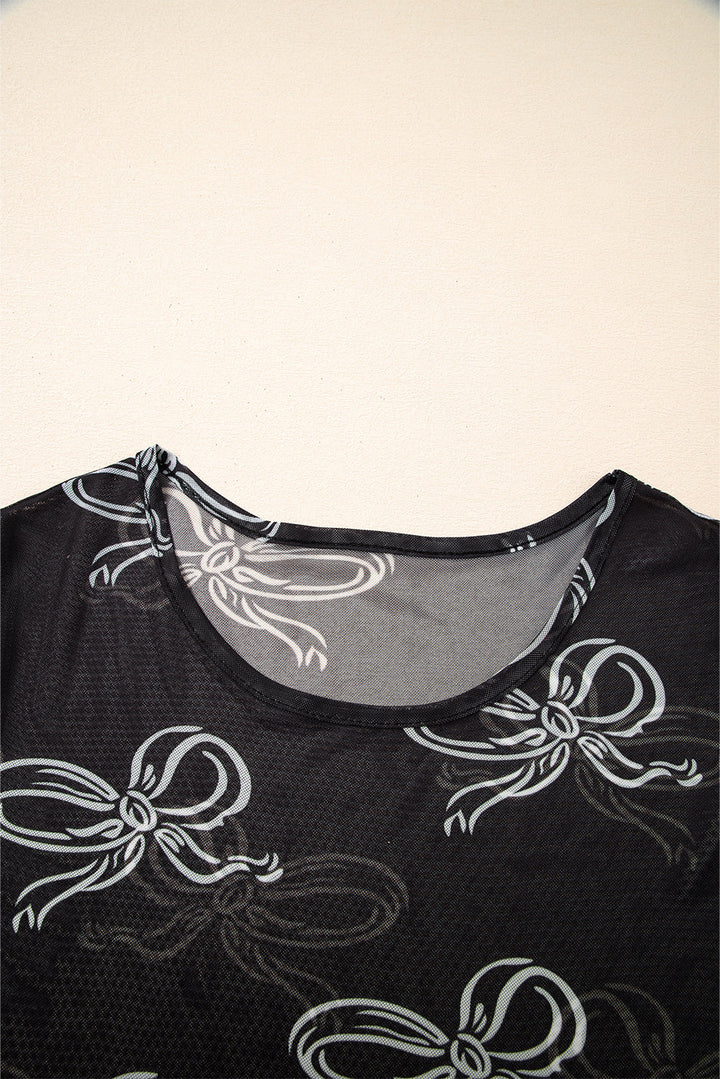 bow printed mesh short sleeve top