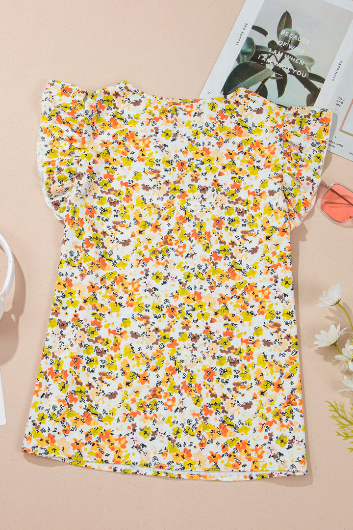 Floral Print Ruffled Sleeveless V Neck Tank Top