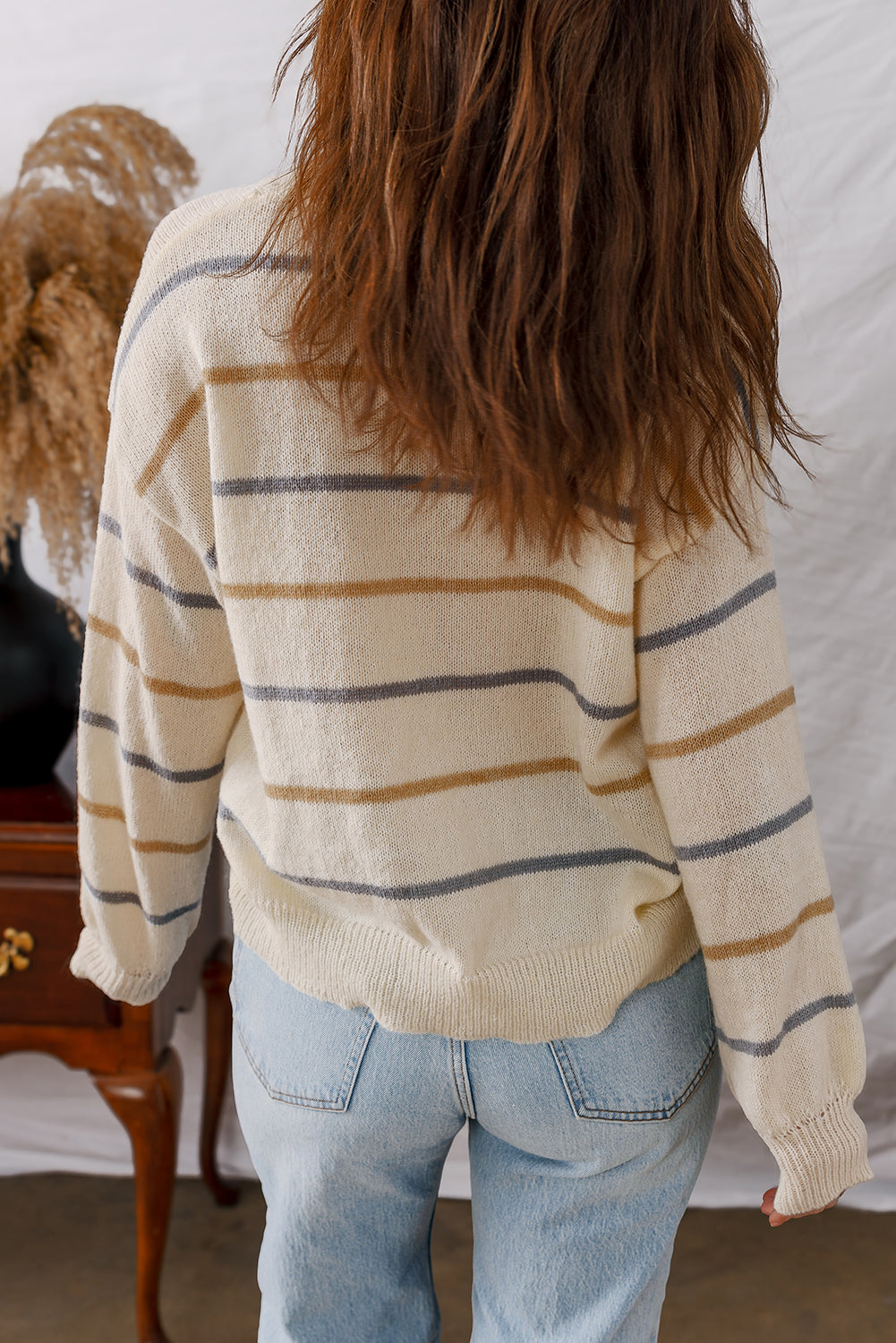 Striped Ribbed Edge Drop Shoulder Sweater