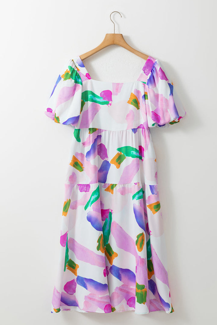 Abstract Print Puff Sleeve Smocked Back Midi Dress