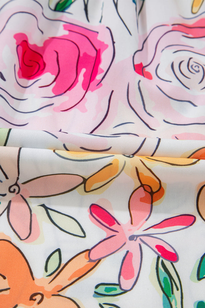 DEARLOVER  Floral Print Striped Yoke Frilled V Neck Puff Short Sleeve Blouse