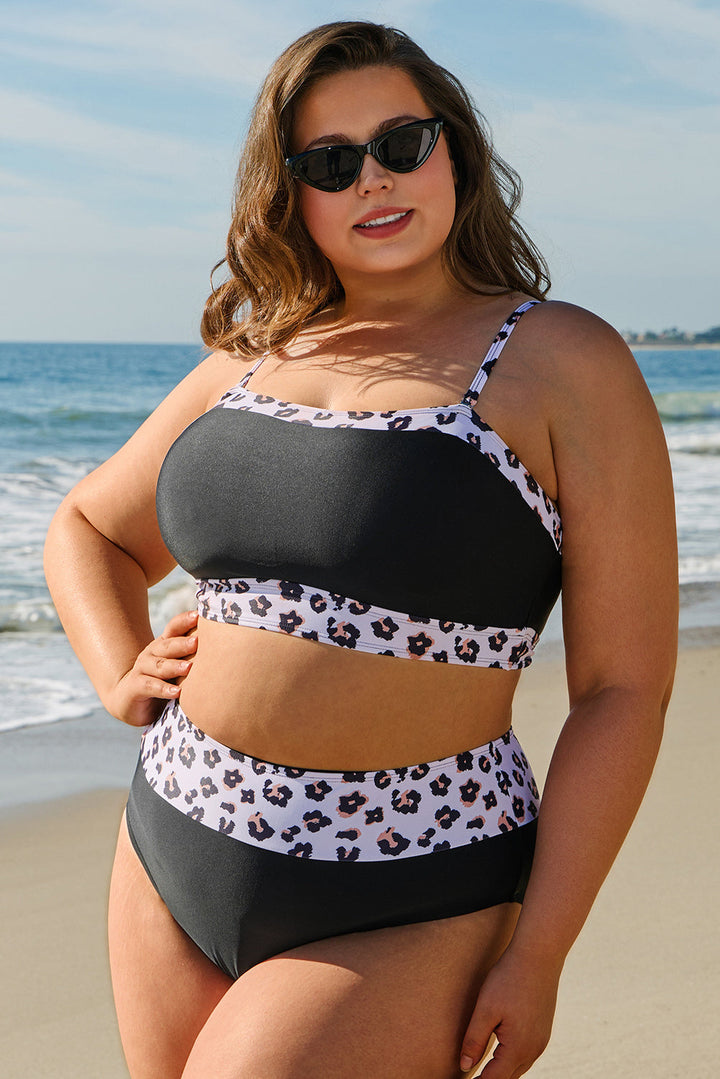 2pcs Leopard Patchwork Plus Size High Waisted Swimsuit