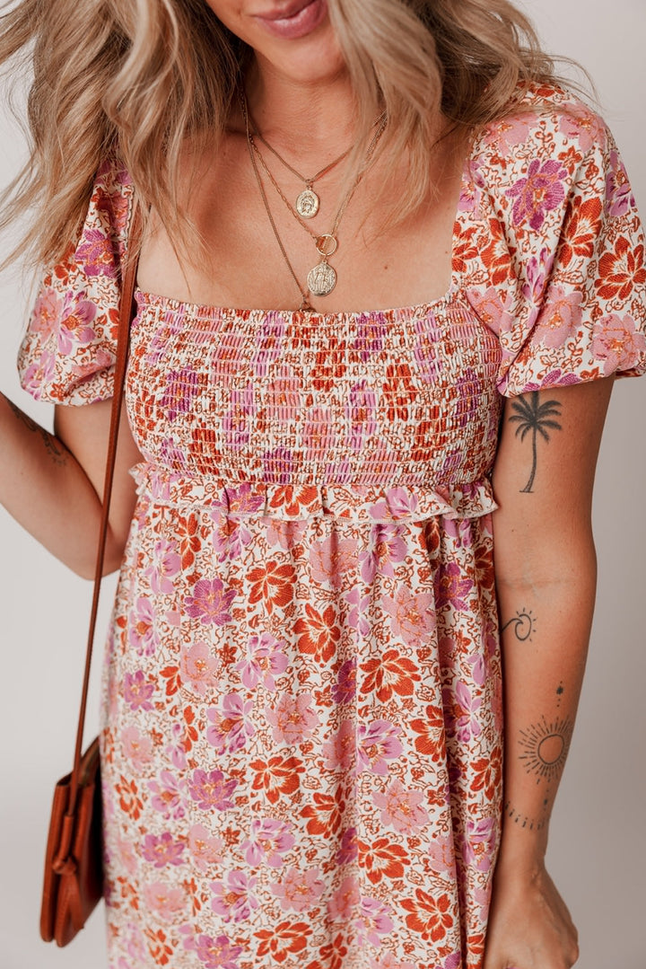 Floral Square Neck Knotted Ruffle Midi Dress