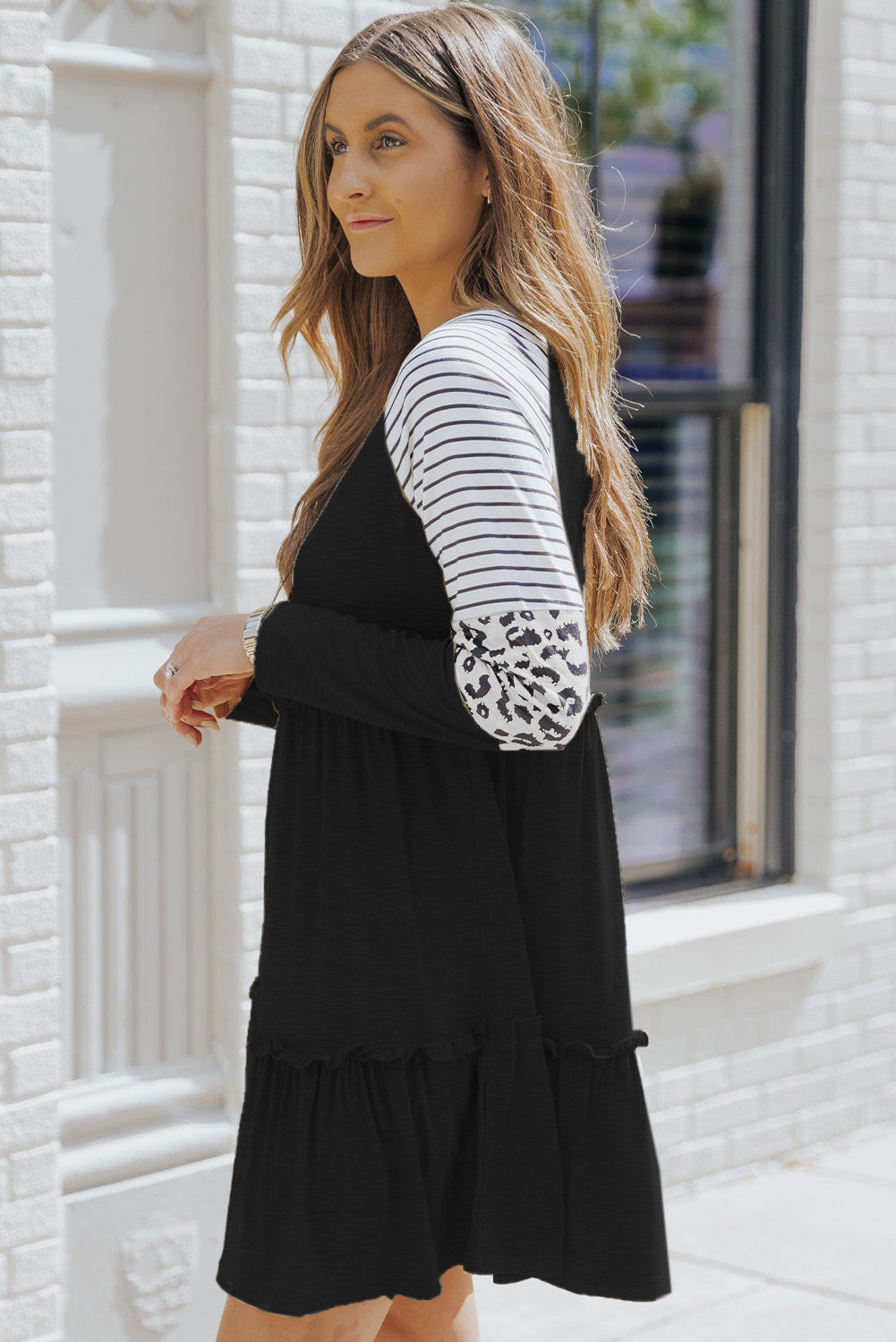 Chic Striped Leopard Patchwork Long Sleeve Mini Dress – ModeShe