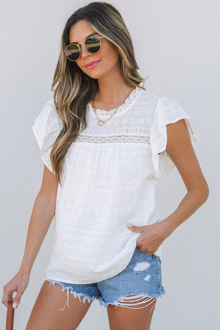 Lace Neckline Flutter Sleeve Eyelets Blouse