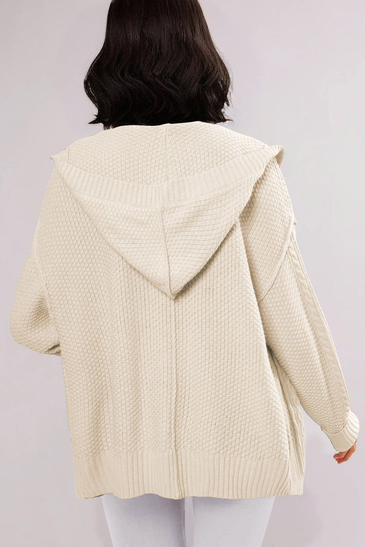 Cable Knit Texture Uneven Hem Hooded Chic Cardigan