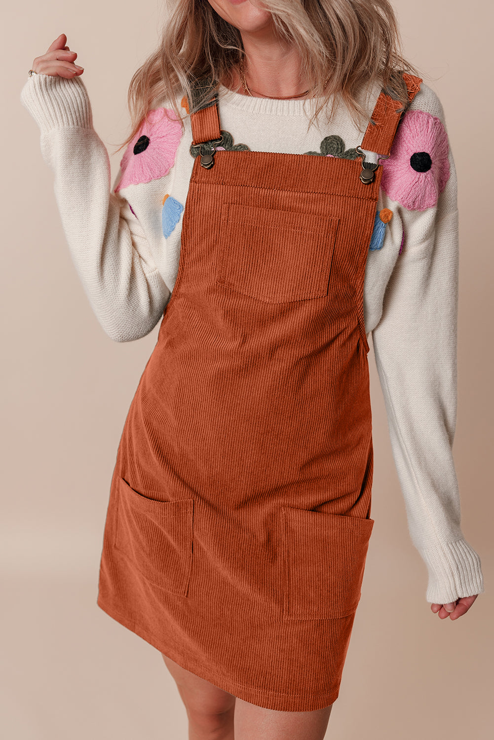 Solid Front Pockets Sleeveless Corduroy Overall Dress – ModeShe