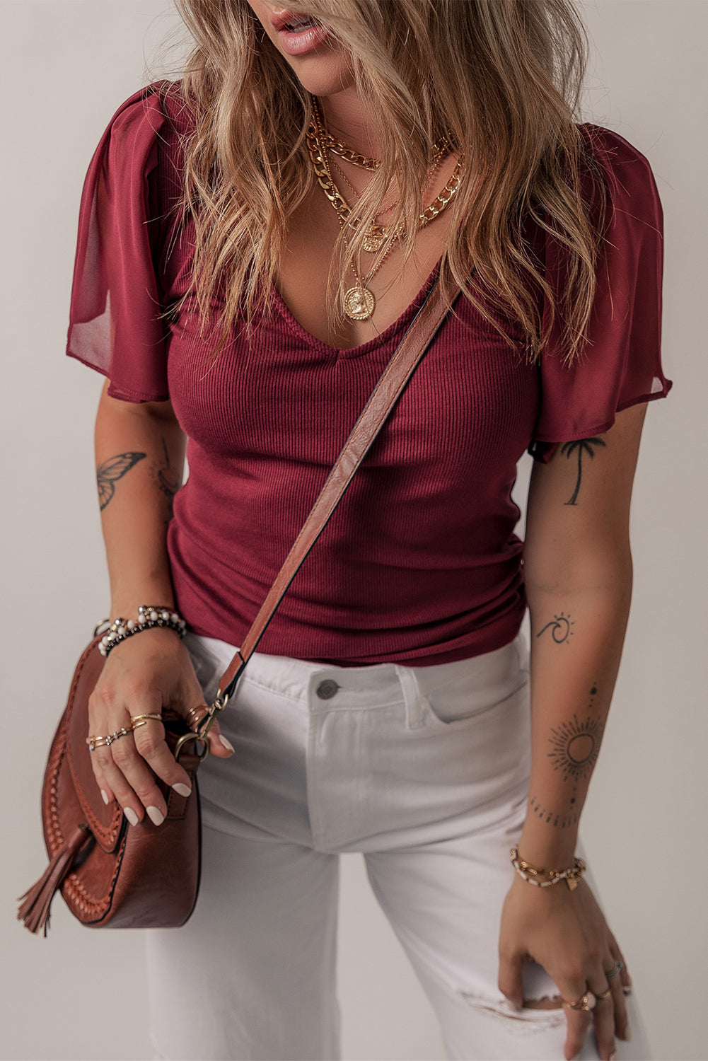 Mesh Ruffled Sleeve Slim Fit V Neck Top