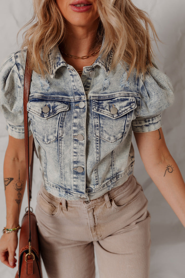 light wash buttoned chest pocket puff sleeve denim jacket