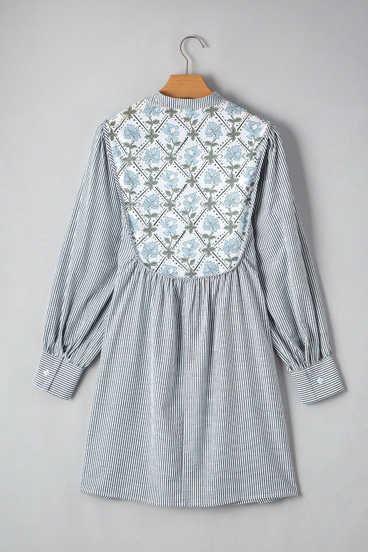 Floral Patchwork Tied V Neck Shift Long Sleeve Mini Dress