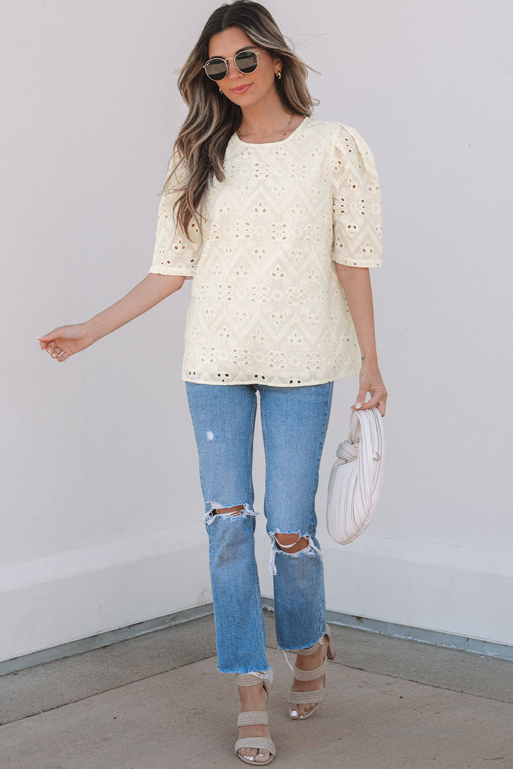 Eyelet Embroidered Half Sleeve Casual Blouse