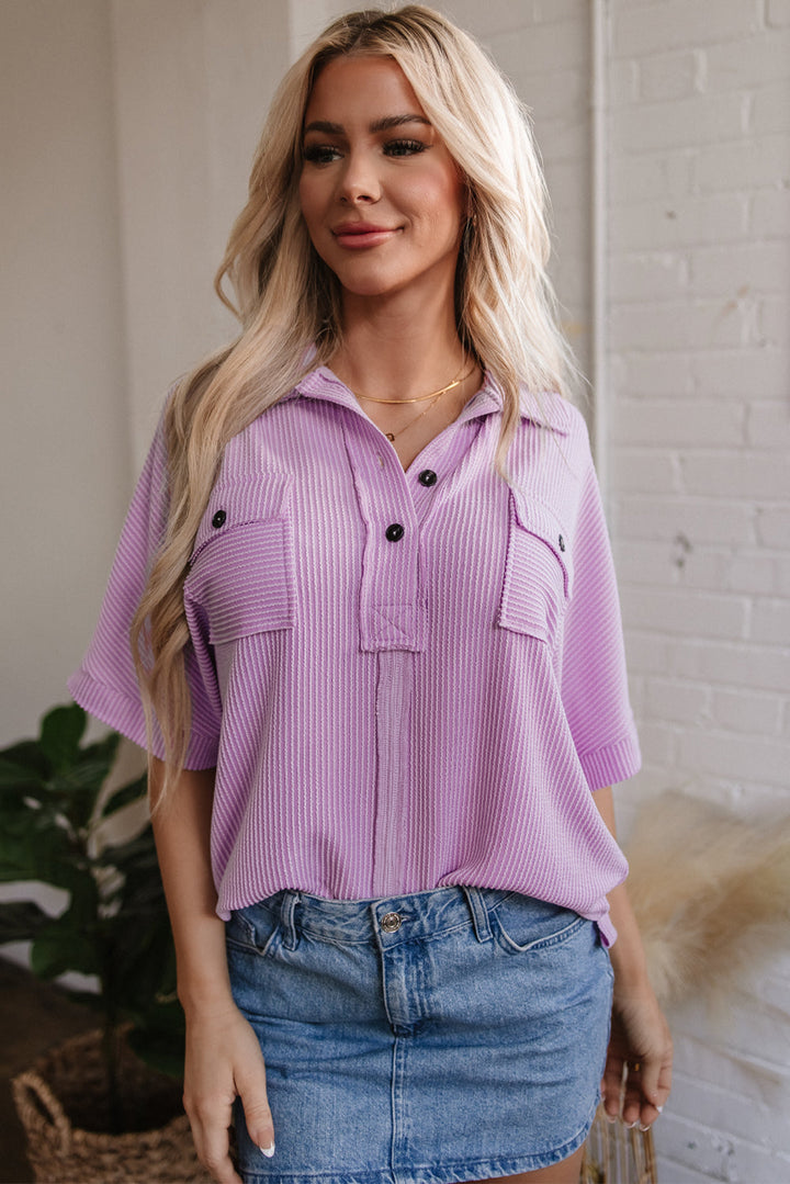Corded Flap Pocket Collared Buttoned Short Sleeve Blouse