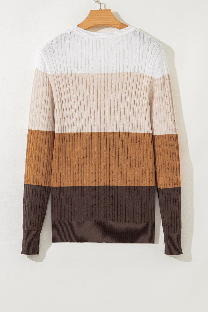 Colorblock Cable Knit Round Neck Sweater