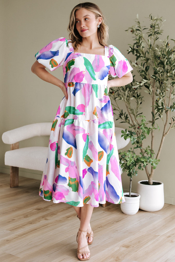 Abstract Print Puff Sleeve Smocked Back Midi Dress
